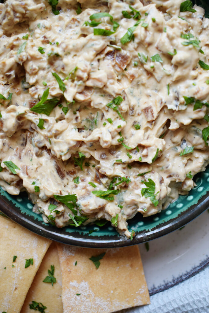 Close up caramelized onion dip in a bowl.