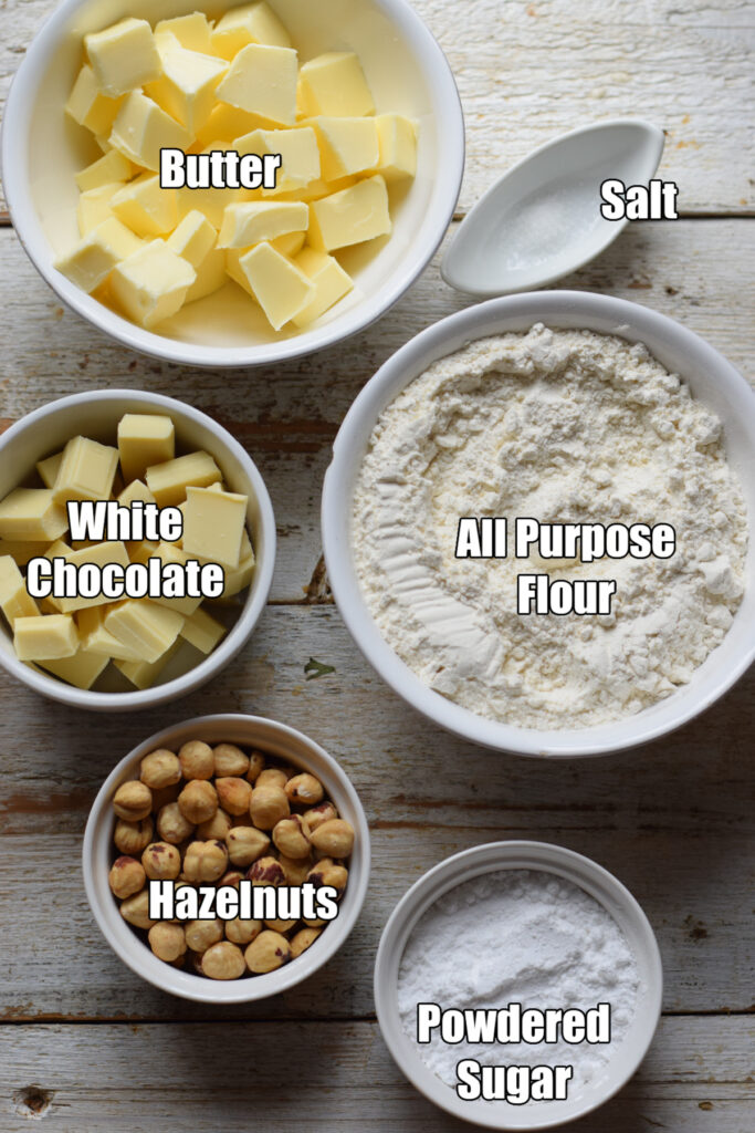 Ingredients to make white chocolate shortbread cookies.