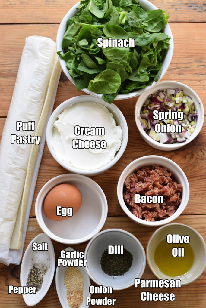 Ingredients to make spinach puffs with bacon.