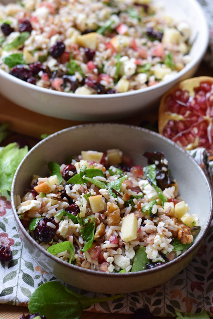 Close up of wild rice and pomegranate salad.