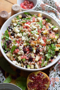 Wild rice salad in a bowl with pomegranates and apples.