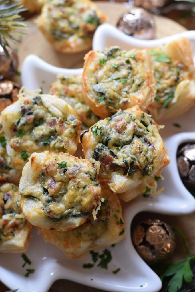 close up of spinach puffs with bacon.