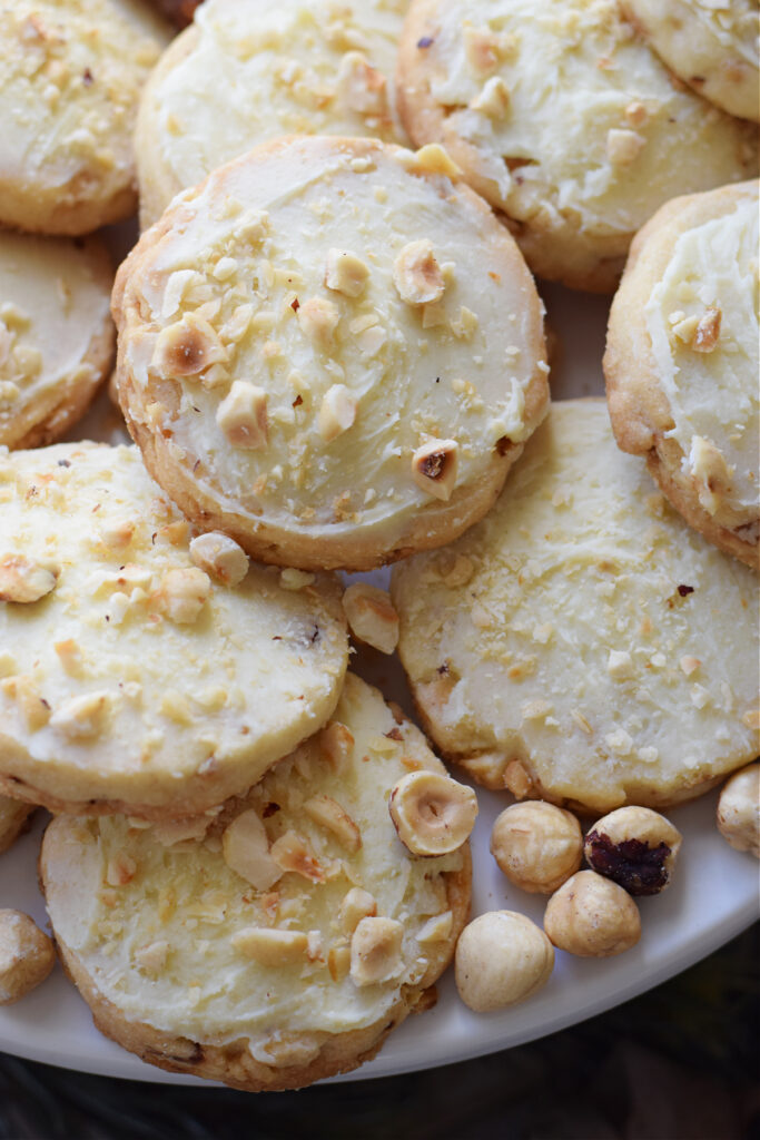 Close up of white chocolate shortbread cookies.