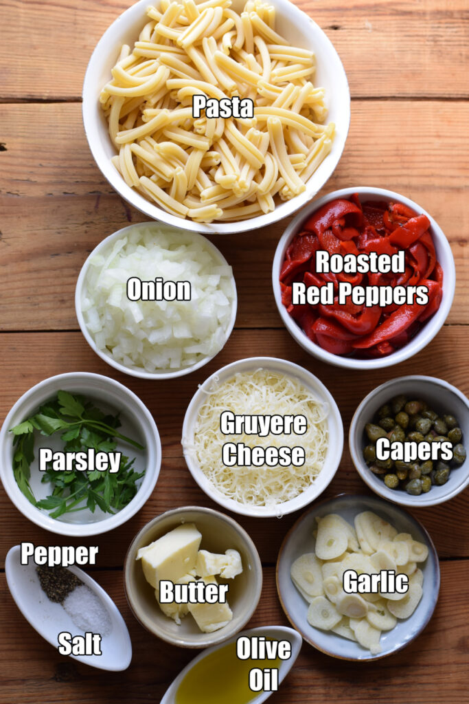 Ingredients to make roasted red pepper pasta.