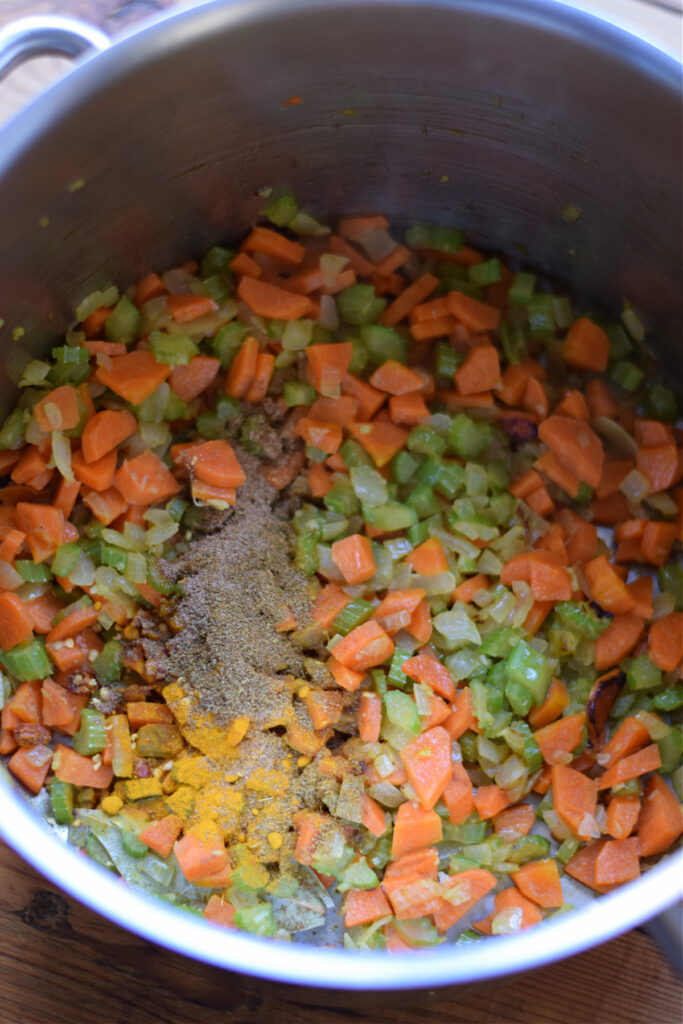 Cooking vegetables in a pot.