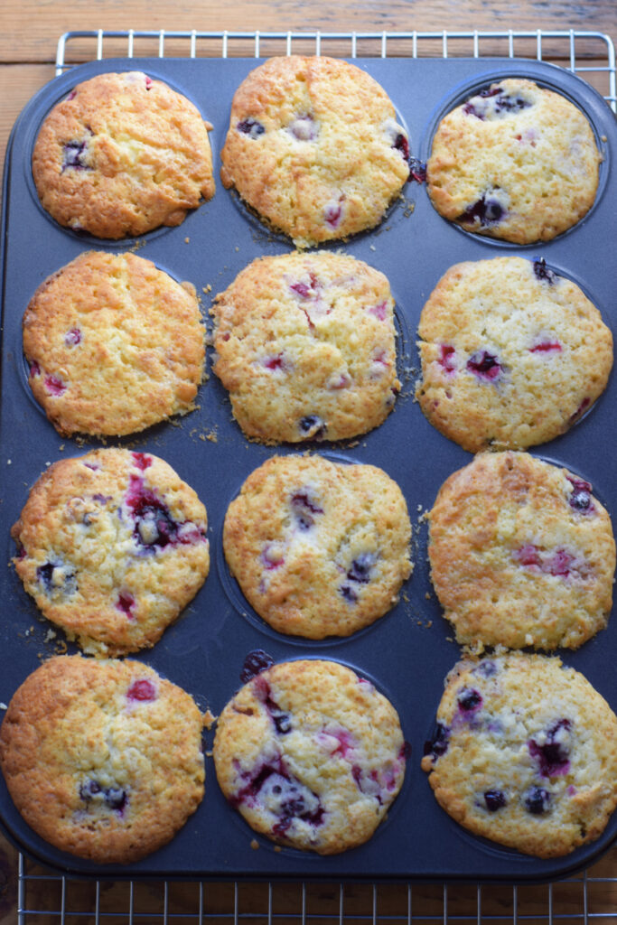 Baked mixed berry muffins.