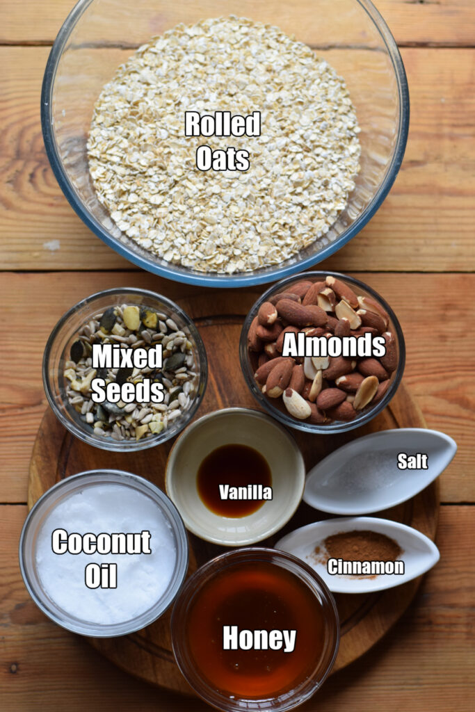 Ingredients to make crunchy almond granola.