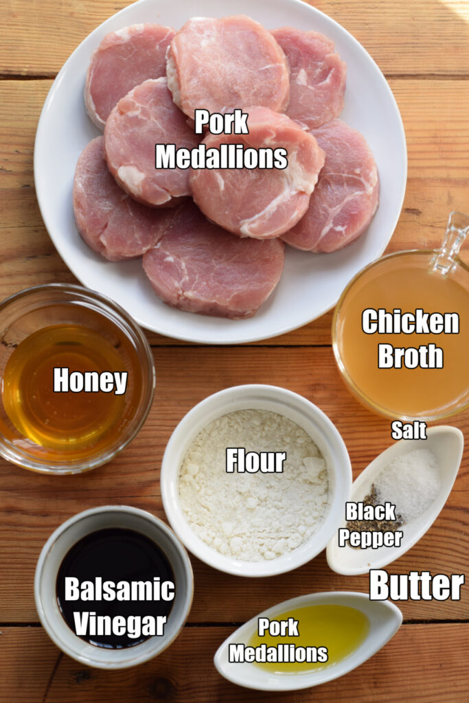 Ingredients to make pork medallions in a honey balsamic glaze.