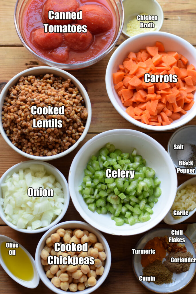 Ingredients to make spiced moroccan lentil soup.