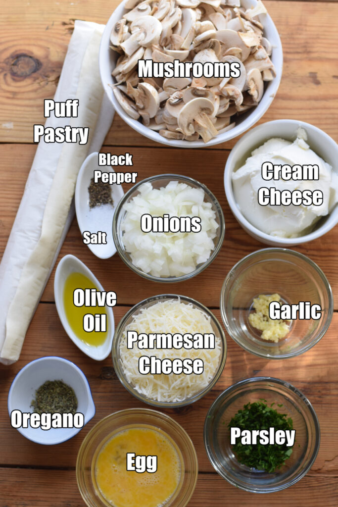 Ingredients to make the mushroom filled pastry.