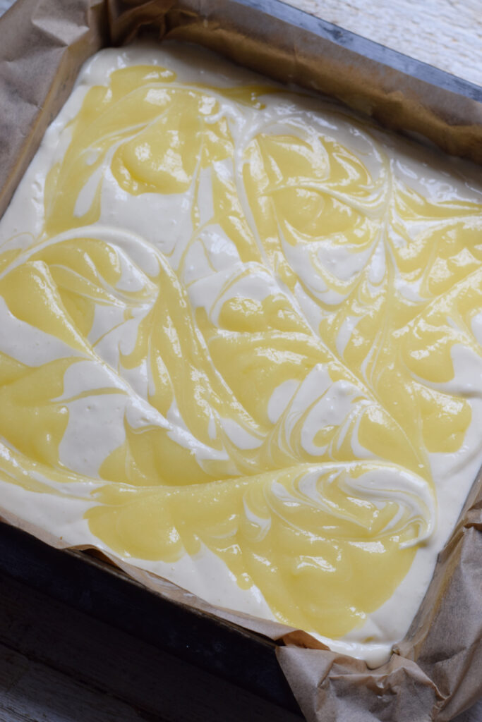 Lemon cheesecake bars ready to bake.