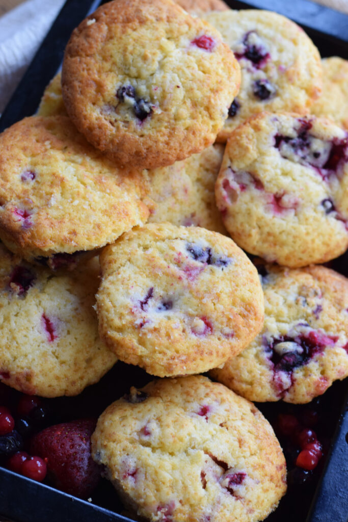 Close up of mixed berry muffins.