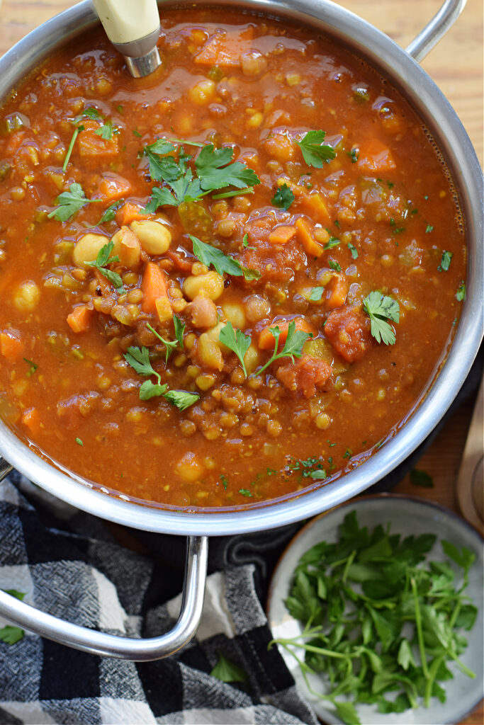 Spiced moroccan soup in a pot.