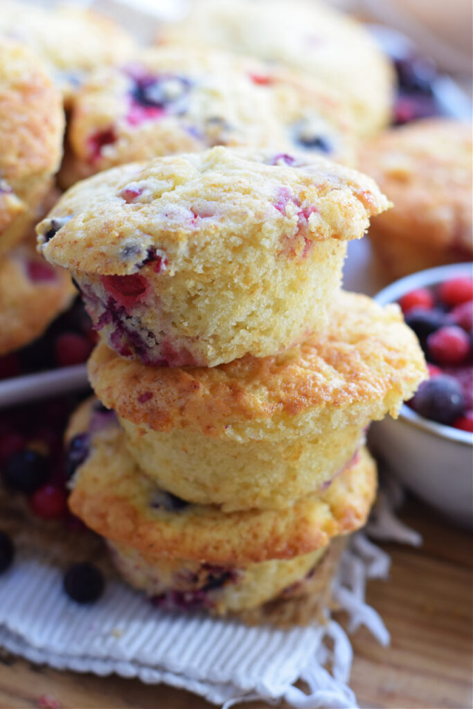A stack of mixed berry muffins.