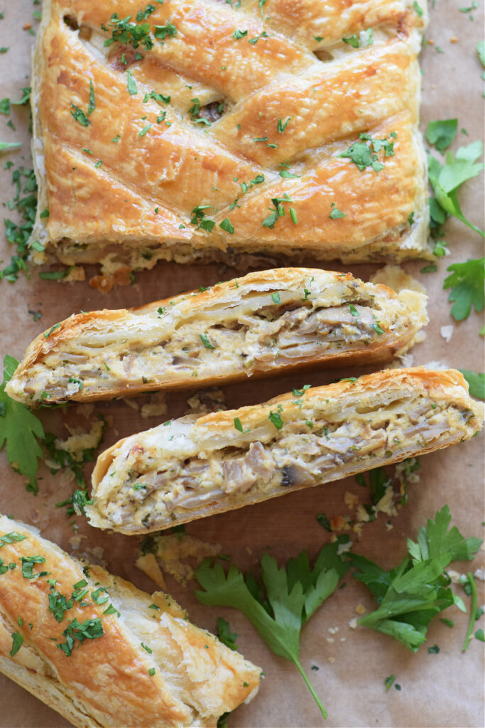 Mushroom filled pastry braid cut into slices.