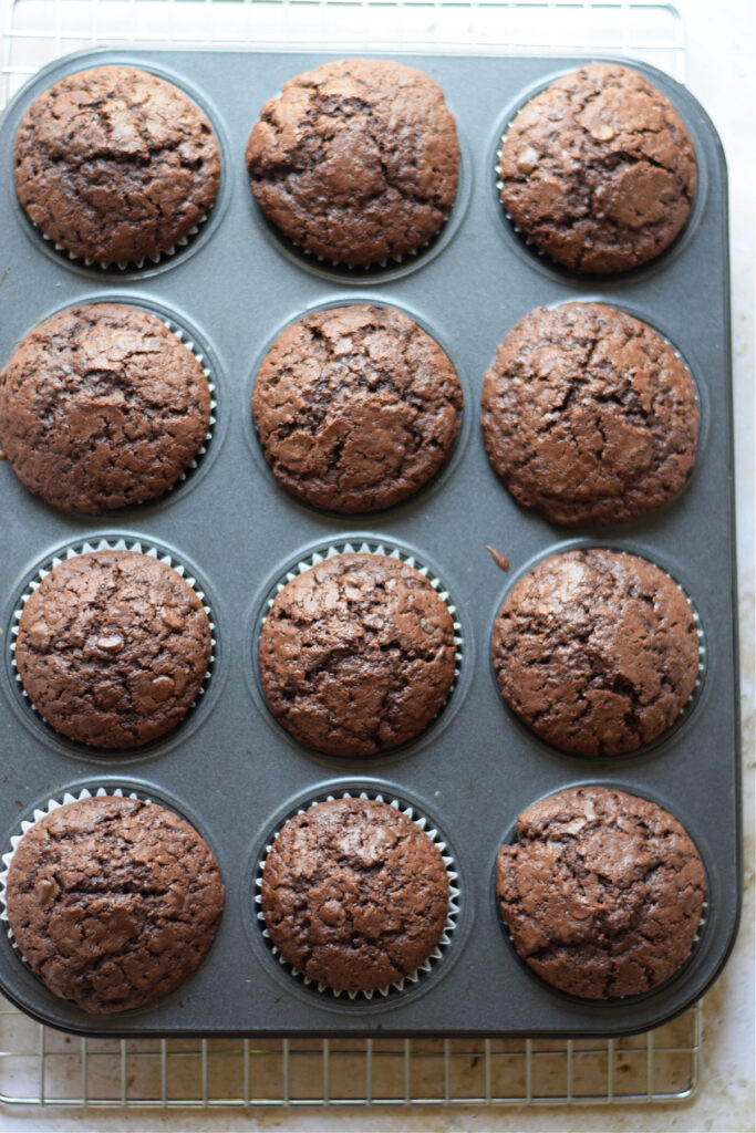 Chocolate muffins in a baking tray.