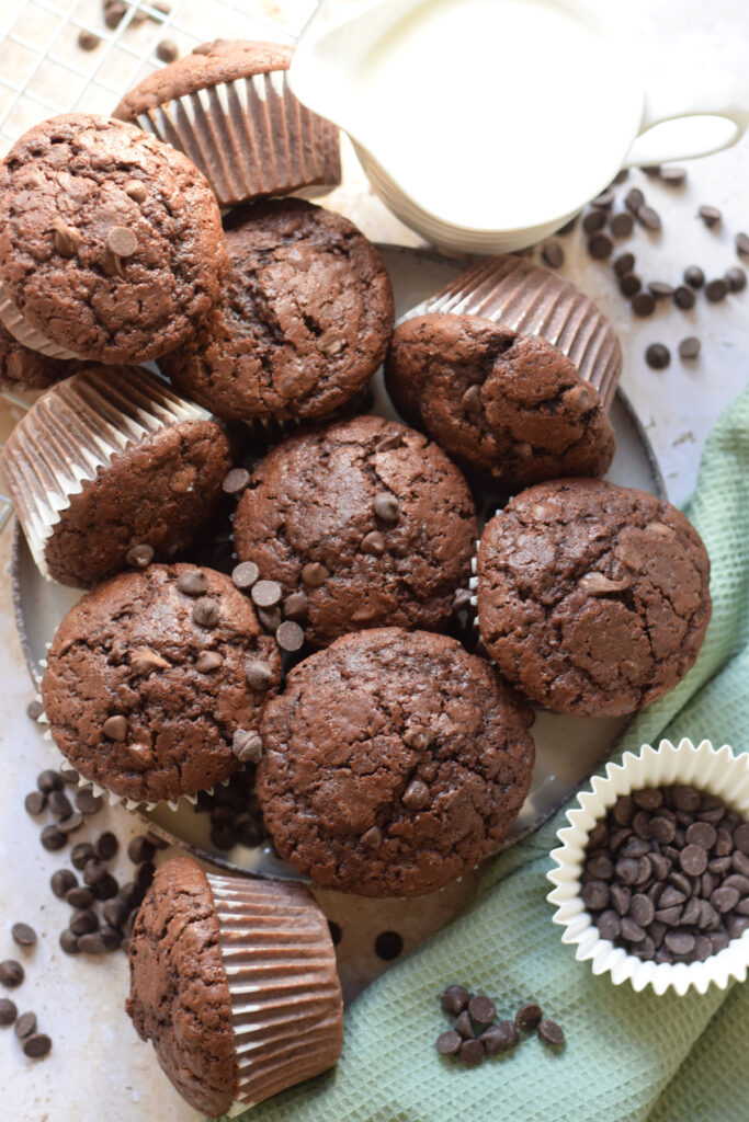 Chocolate muffins on a plate.