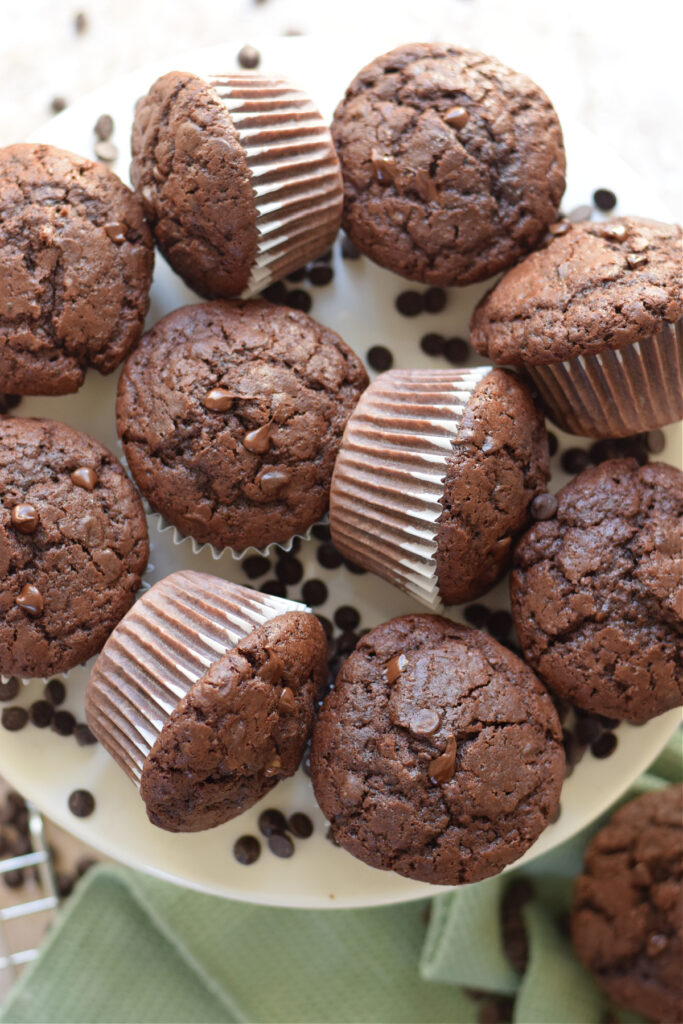 Chocolate muffins on a white plate.