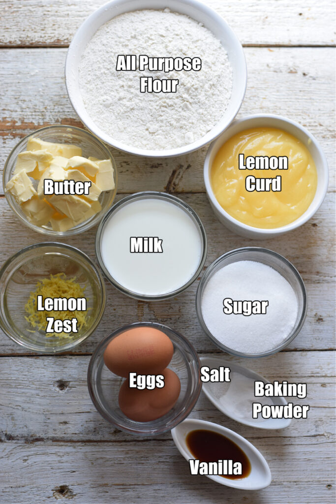 Ingredients to make lemon curd filled muffins.