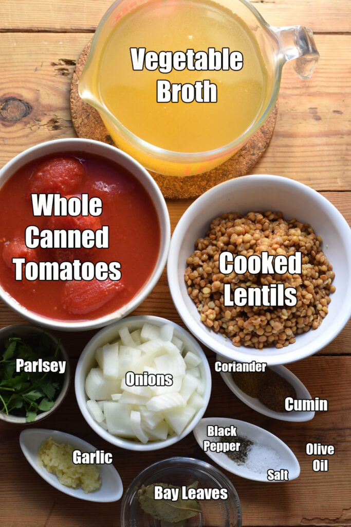 Ingredients to make tomato lentils soup.