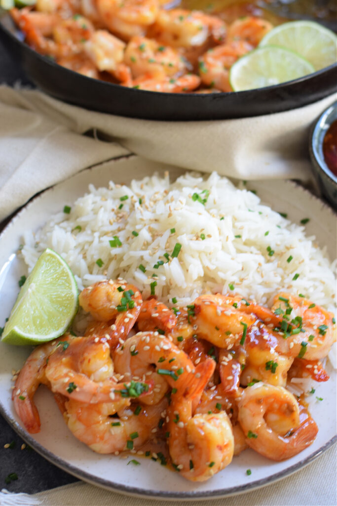 Shrimp and rice on a plate.