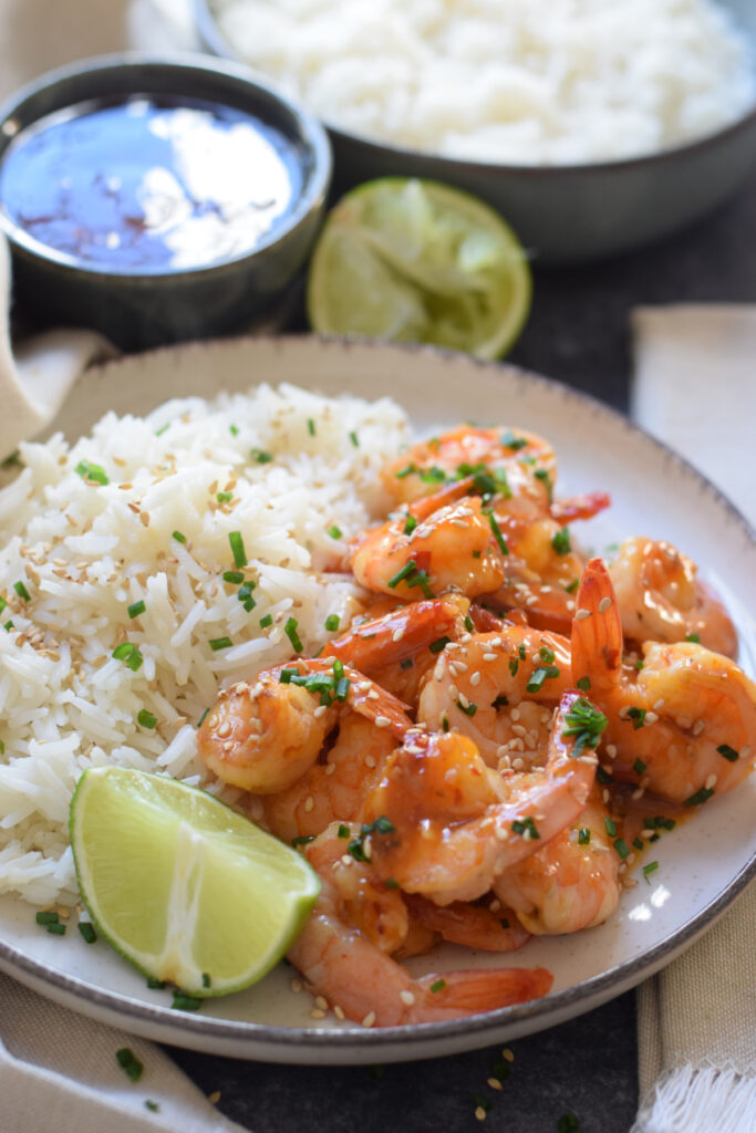 Shrimp on a plate with rice.