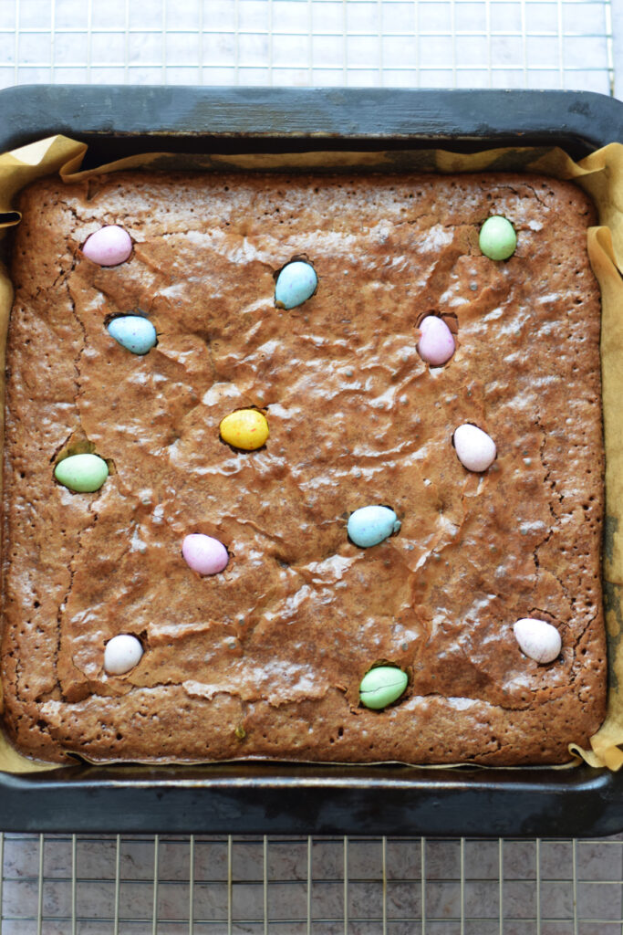 Baked brownies with m and m candy.