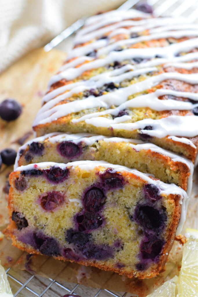 Close up of lemon blueberry loaf cake.