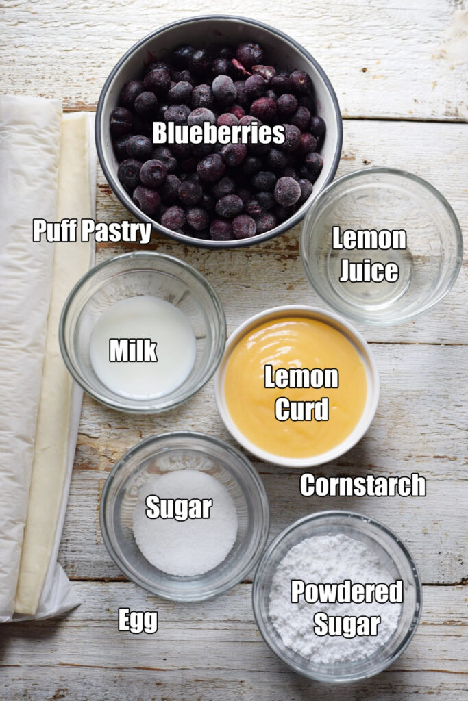 Ingredients to make blueberry lemon puff pastry recipe.