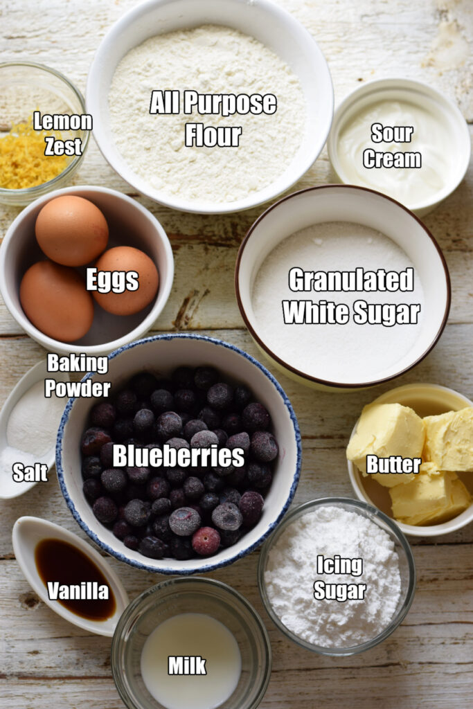 Ingredients to make a lemon blueberry loaf cake.