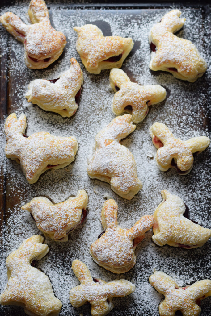 Easter shaped puff pastry filled with lemon and blueberry.