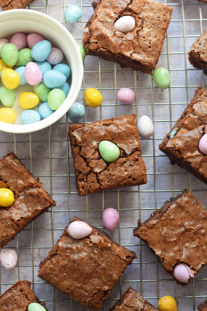 Easter brownies on a cooling rack.