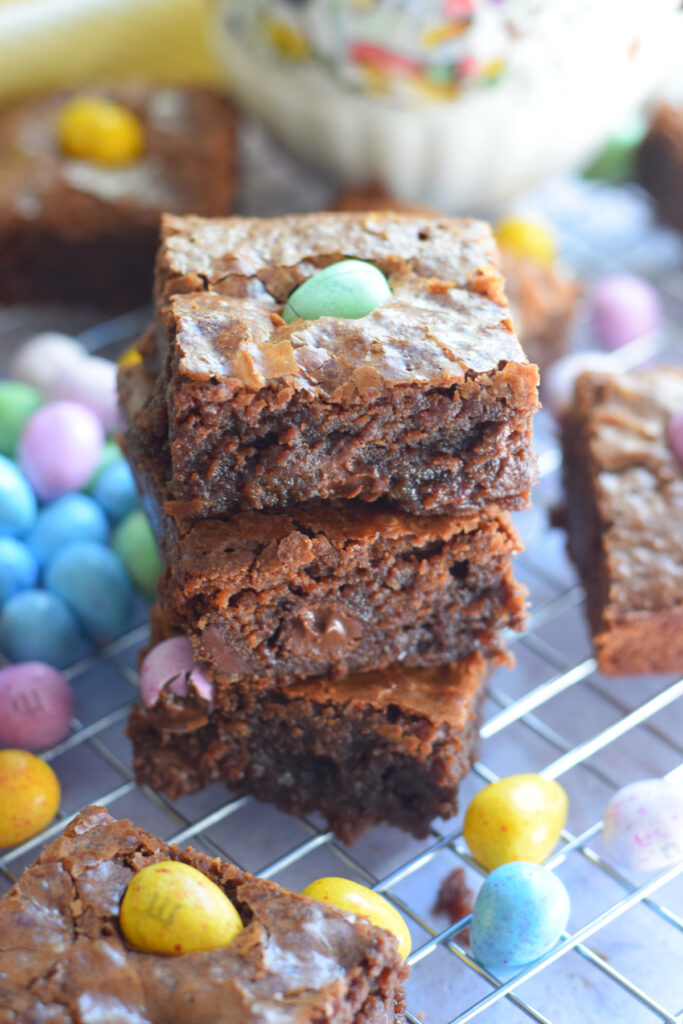 A stack of Easter egg brownies.