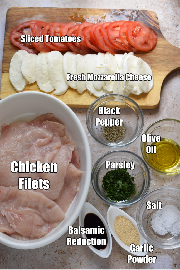 Ingredients to make mozzarella andtomato skillet chicken.