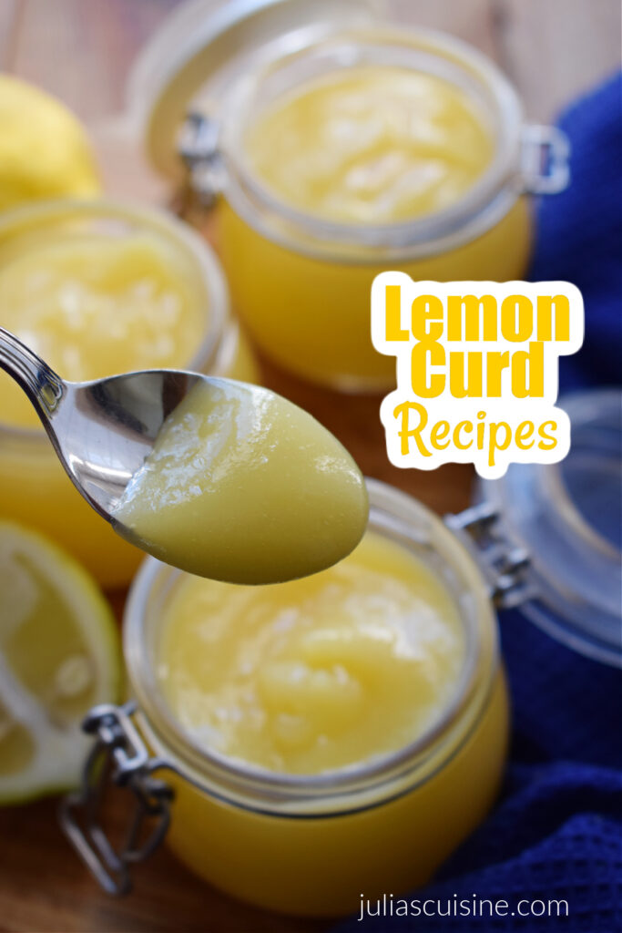 Lemon curd in a jar and on a spoon.