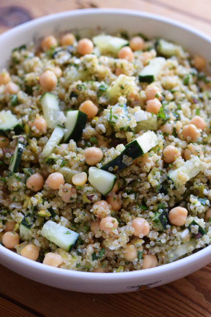 Close up of a quinoa salad in a bowl.