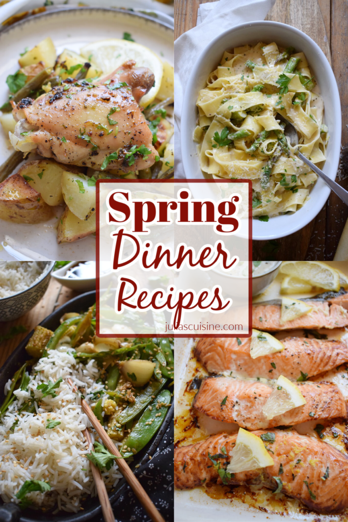 Collage of Spring dinner recipes.