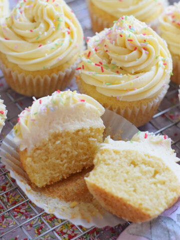 Close up of vanilla cupcakes.