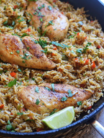 Close up of Cajun chicken and rice.