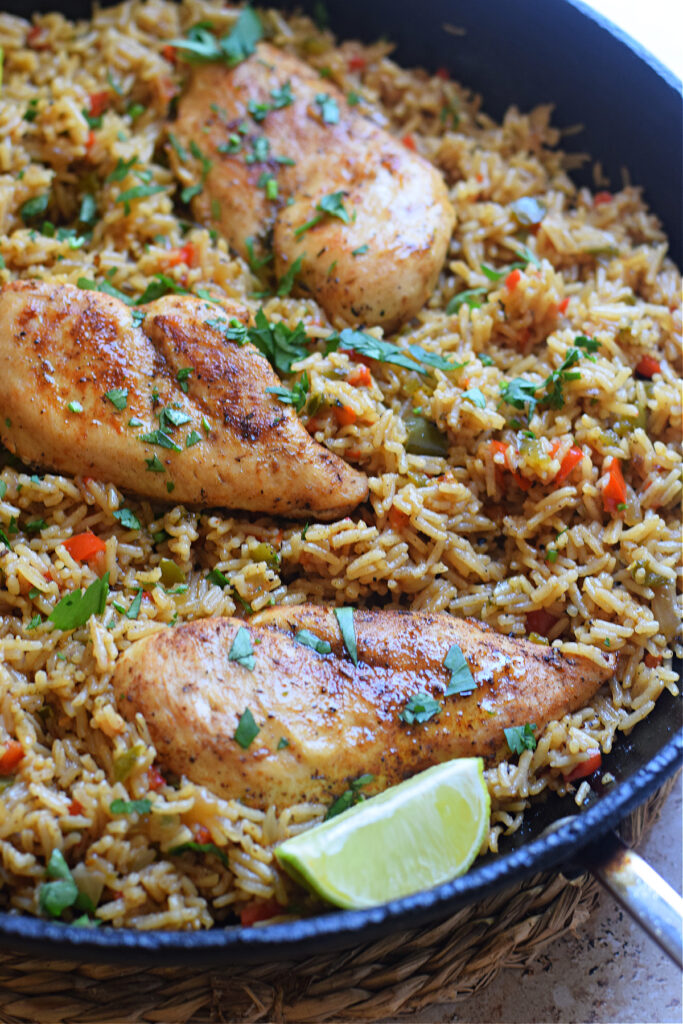 Close up of Cajun chicken and rice.