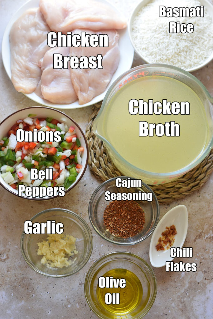 Ingredients to make Cajun chicken and rice.
