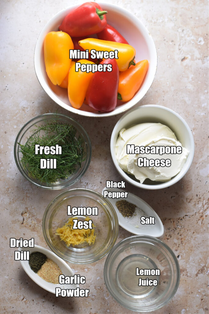 Ingredients to make mascarpone and dill stuffed mini peppers.