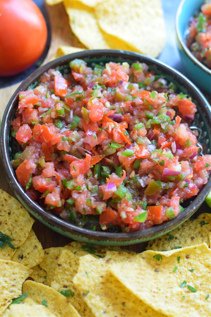 Spicy salsa with tortilla chips.