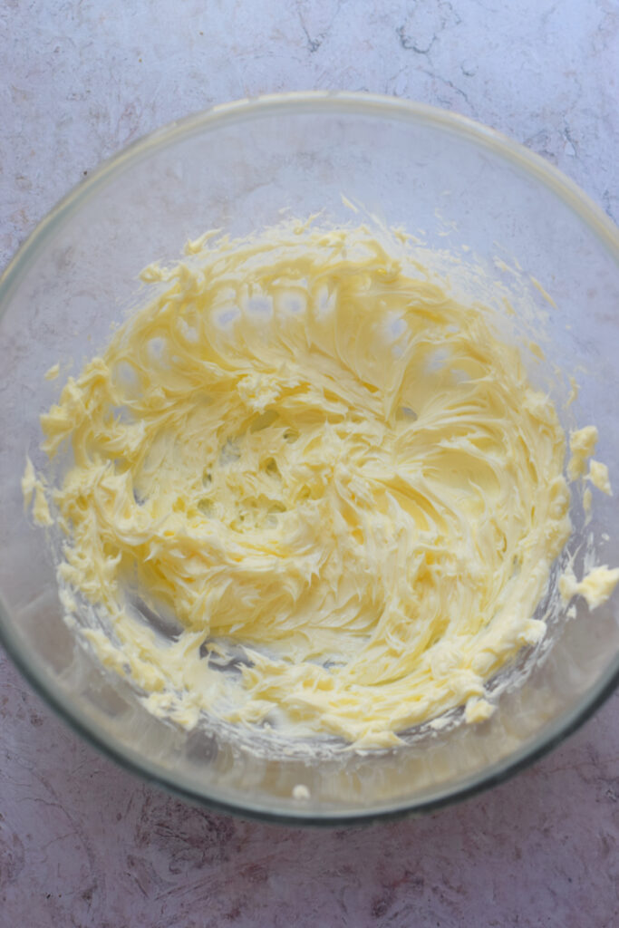 Whipped butter in a glass bowl.