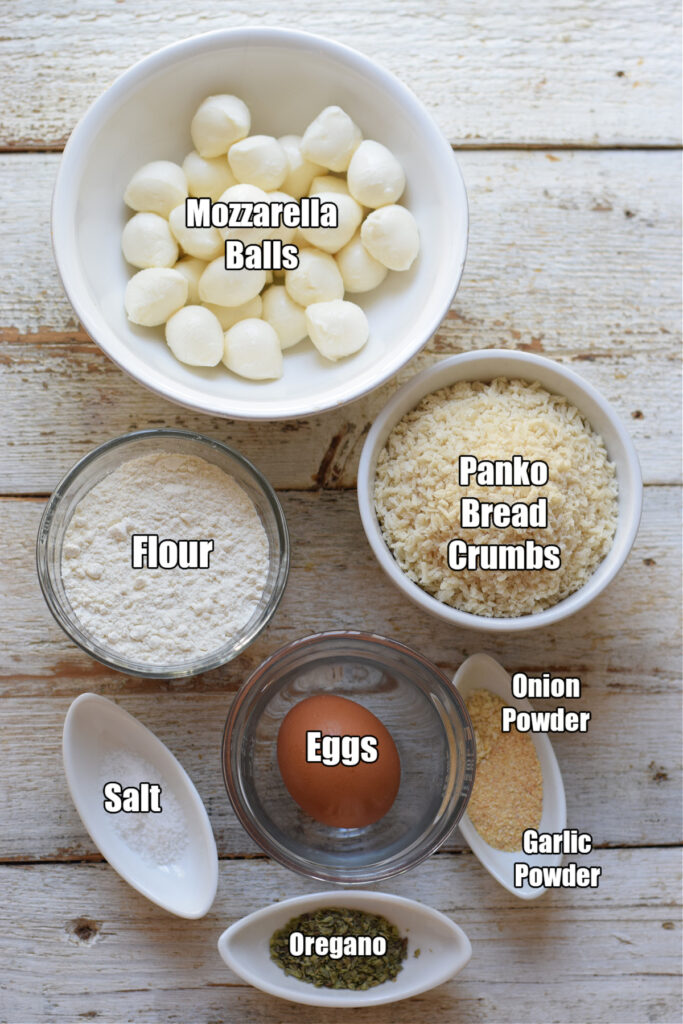 Ingredients to make fried mozzarella balls.