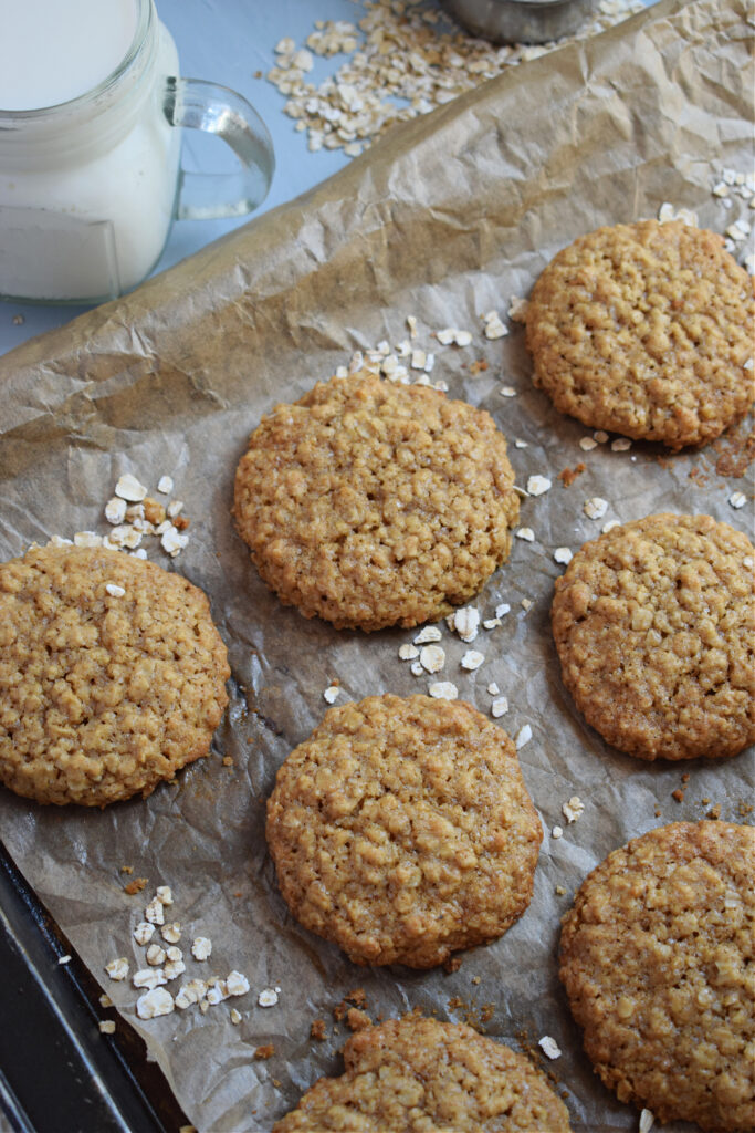 Brown sugar oatmeal cookies on a tray.