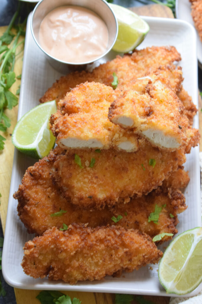 Close up of panko crusted chicken tenders.