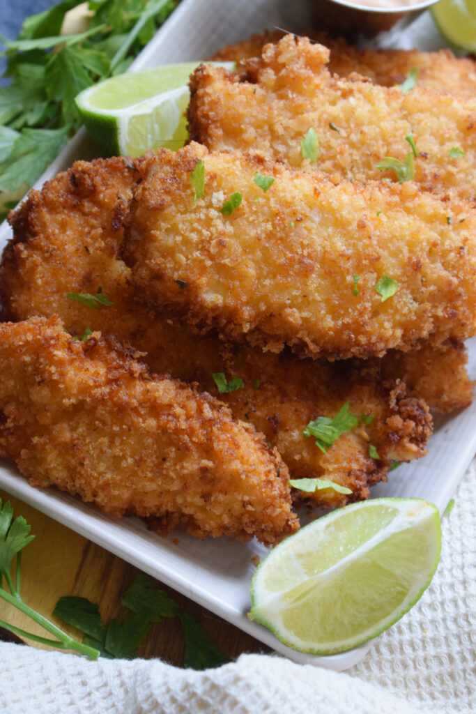 Close up of panko crusted chicken tenders.