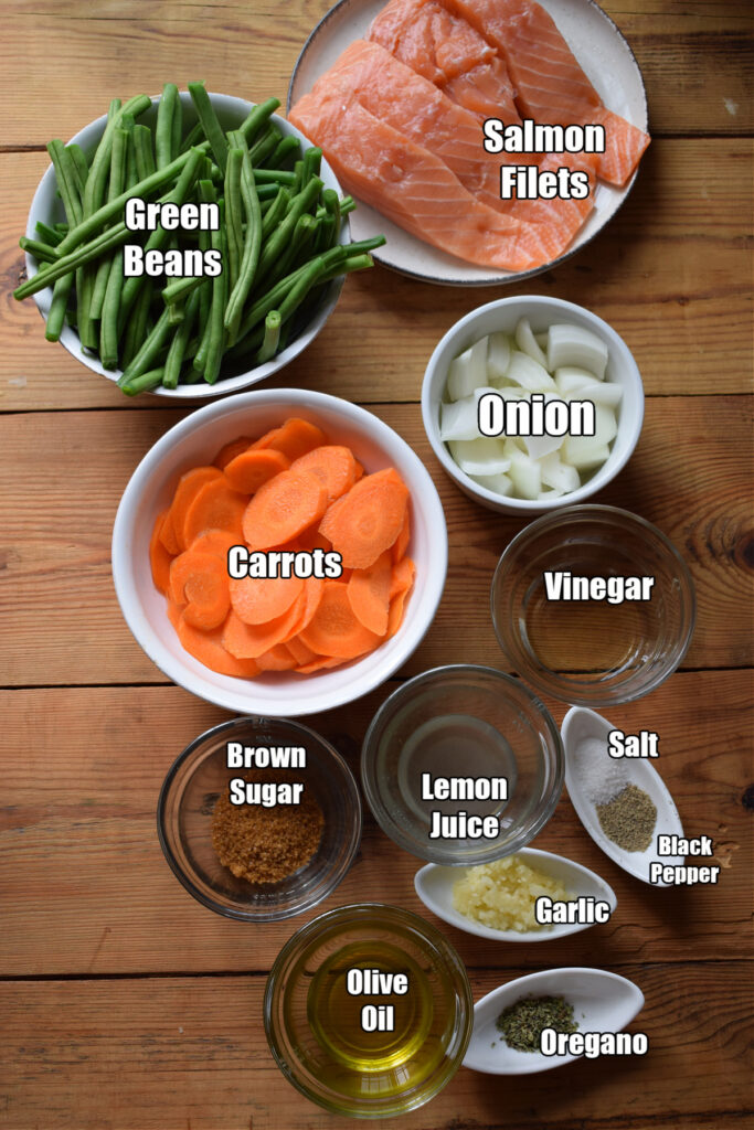 Ingredients to make sheet pan salmon and green beans.