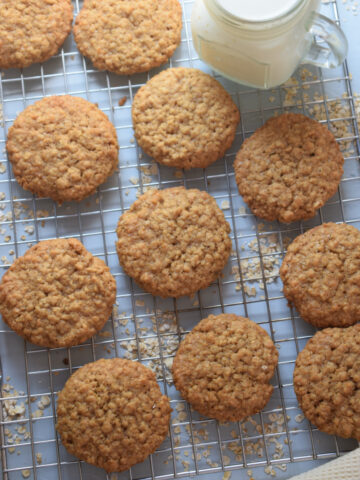 Brown sugar oatmeal cookies on a tray.